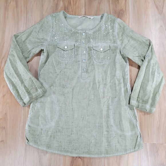 🔺️Soft Surroundings Olive Sequined Linen Long Sleeve Top XSmall - Picture 2 of 14